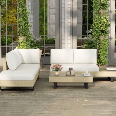 Ensemble salon de jardin d'angle 5 places design contemporain coussins déhoussables table basse acier époxy résine tressée beige