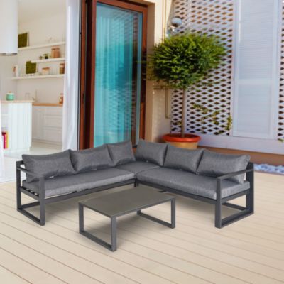 Ensemble salon de jardin d'angle design contemporain style yachting 5 places coussins table basse banquette réglable alu. gris