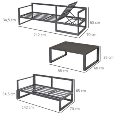 Ensemble salon de jardin d'angle design contemporain style yachting 5 places coussins table basse banquette réglable alu. gris