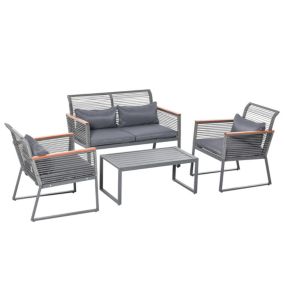 Ensemble salon de jardin design style yachting 4 places accoudoirs aspect bois coussins inclus table basse acier époxy résine gris