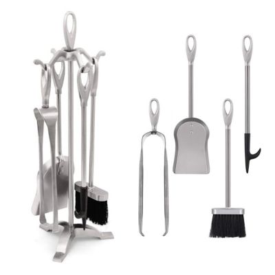 Serviteur De Cheminée Relaxdays 5 Pièces - Tisonnier, Pelle, Balai, Pince + Support - Design Moderne Gris/Noir - Pour Poêle & Cheminée Set Cheminée Acier Gris Noir