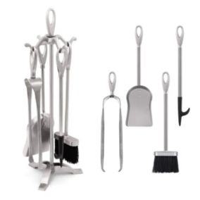 Ensemble Serviteur de Cheminée 5 Pièces en Argent - Outils Cheminée 64cm + Pelle + Balai + Pince + Tisonnier avec Support