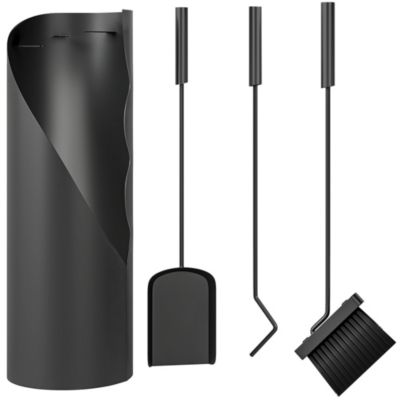 Ensemble serviteur de cheminée design 4 pièces en métal - brosse, pelle, tisonnier - support inclus noir