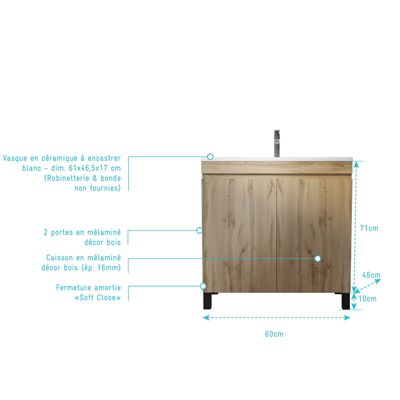 Ensemble sous vasque à poser effet chêne industriel 2 portes + vasque blanche, l.60 cm, Galedo Timber