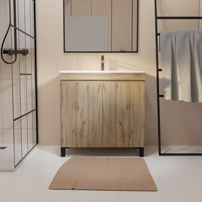 Ensemble sous vasque à poser effet chêne industriel 2 portes + vasque blanche, l.60 cm, Galedo Timber
