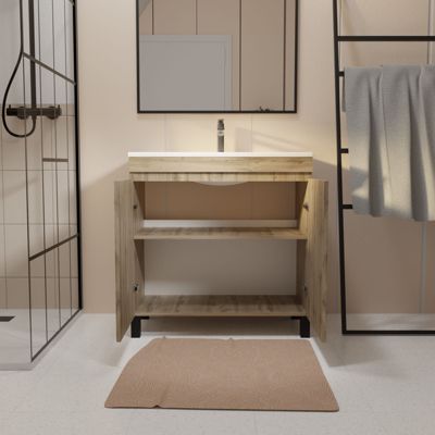 Ensemble sous vasque à poser effet chêne industriel 2 portes + vasque blanche, l.60 cm, Galedo Timber