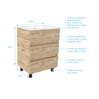 Ensemble sous vasque à poser effet chêne industriel 3 tiroirs + vasque blanche, l.60 cm, Galedo Timber