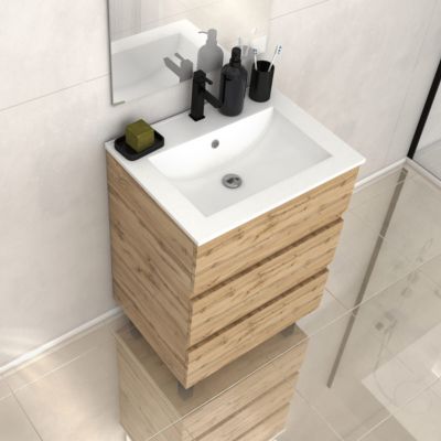 Ensemble sous vasque à poser effet chêne industriel 3 tiroirs + vasque blanche, l.60 cm, Galedo Timber