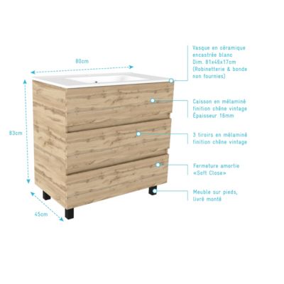 Ensemble sous vasque à poser effet chêne industriel 3 tiroirs + vasque blanche, l.80 cm, Galedo Timber