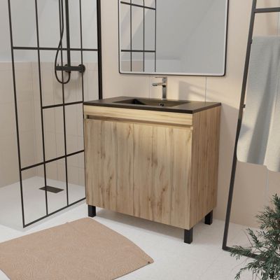 Ensemble sous vasque à poser effet chêne naturel 2 portes + vasque noire, l.80 cm, Galedo Timber