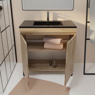 Ensemble sous vasque à poser effet chêne naturel 2 portes + vasque noire, l.80 cm, Galedo Timber