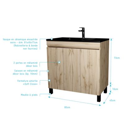 Ensemble sous vasque à poser effet chêne naturel 2 portes + vasque noire, l.80 cm, Galedo Timber