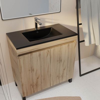 Ensemble sous vasque à poser effet chêne naturel 2 portes + vasque noire, l.80 cm, Galedo Timber