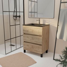 Ensemble sous vasque à poser effet chêne naturel 3 tiroirs + vasque noire, l.60 cm, Galedo Timber