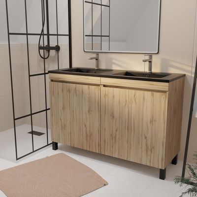 Ensemble sous vasque à poser effet chêne naturel 4 portes + vasque double noire, l.120 cm, Galedo Timber