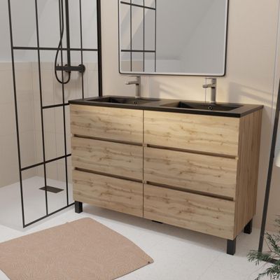 Ensemble sous vasque à poser effet chêne naturel 6 tiroirs + vasque double noire, l.120 cm, Galedo Timber