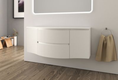 Ensemble sous vasque + plan de toilette central l.138 cm, blanc mat strié, Vague
