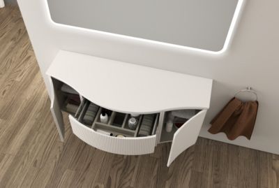 Ensemble sous vasque + plan de toilette central l.138 cm, blanc mat strié, Vague