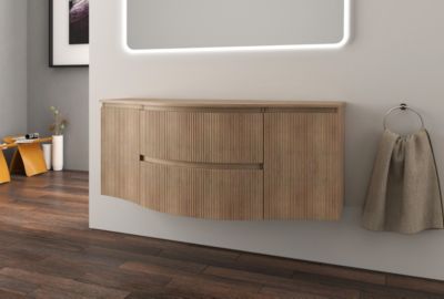 Ensemble sous vasque + plan de toilette central l.138 cm, effet bois strié, Vague