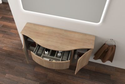 Ensemble sous vasque + plan de toilette central l.138 cm, effet bois strié, Vague