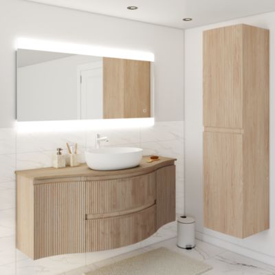 Ensemble sous vasque + plan de toilette central l.138 cm, effet bois strié, Vague