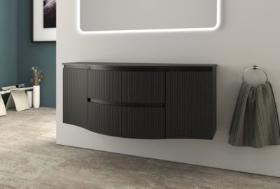 Ensemble sous vasque + plan de toilette central l.138 cm, noir mat strié, Vague