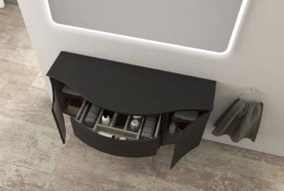 Ensemble sous vasque + plan de toilette central l.138 cm, noir mat strié, Vague