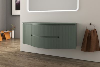 Ensemble sous vasque + plan de toilette central l.138 cm, vert mat strié, Vague