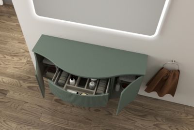 Ensemble sous vasque + plan de toilette central l.138 cm, vert mat strié, Vague