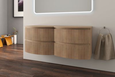 Ensemble sous vasque + plan de toilette double l.138 cm, effet bois strié, Vague