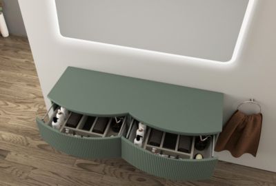 Ensemble sous vasque + plan de toilette double l.138 cm, effet bois strié, Vague