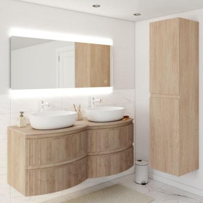 Ensemble sous vasque + plan de toilette double l.138 cm, effet bois strié, Vague
