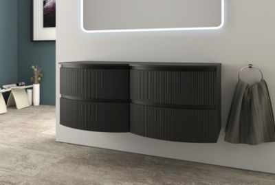 Ensemble sous vasque + plan de toilette double l.138 cm, noir mat strié, Vague