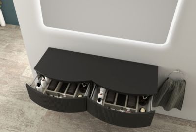 Ensemble sous vasque + plan de toilette double l.138 cm, noir mat strié, Vague