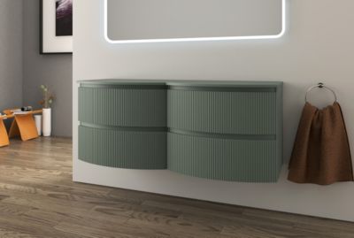 Ensemble sous vasque + plan de toilette double l.138 cm, vert mat strié, Vague