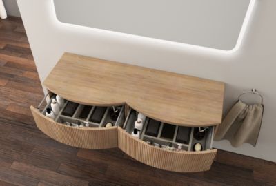 Ensemble sous vasque + plan de toilette double l.138 cm, vert mat strié, Vague