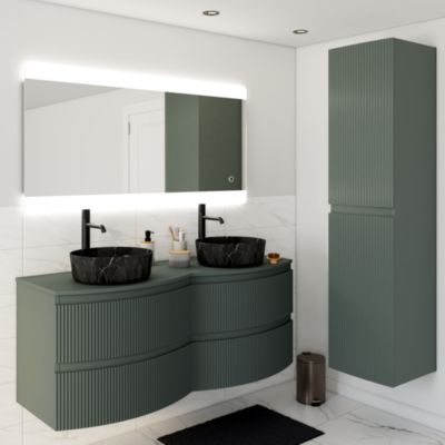 Ensemble sous vasque + plan de toilette double l.138 cm, vert mat strié, Vague