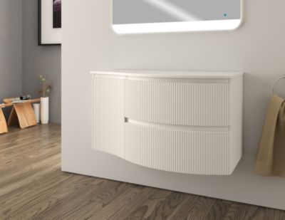 Ensemble sous vasque + plan de toilette pour vasque à poser à droite l.104 cm, blanc mat strié, Vague