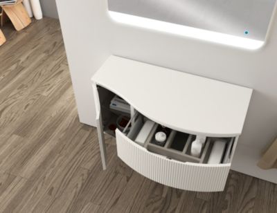 Ensemble sous vasque + plan de toilette pour vasque à poser à droite l.104 cm, blanc mat strié, Vague