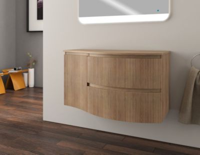 Ensemble sous vasque + plan de toilette pour vasque à poser à droite l.104 cm, effet bois strié, Vague