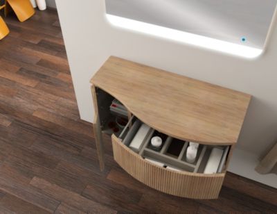 Ensemble sous vasque + plan de toilette pour vasque à poser à droite l.104 cm, effet bois strié, Vague