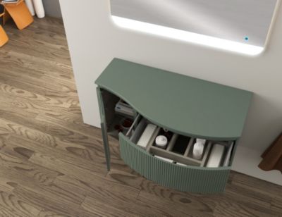 Ensemble sous vasque + plan de toilette pour vasque à poser à droite l.104 cm, vert mat strié, Vague