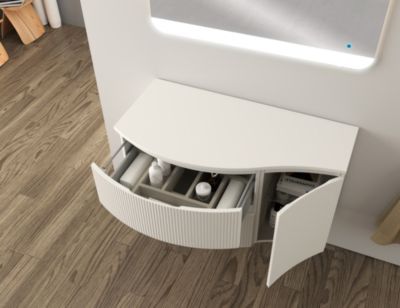 Ensemble sous vasque + plan de toilette pour vasque à poser à gauche l.104 cm, blanc mat strié, Vague