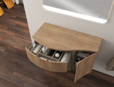 Ensemble sous vasque + plan de toilette pour vasque à poser à gauche l.104 cm, effet bois strié, Vague