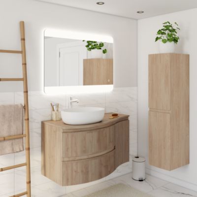 Ensemble sous vasque + plan de toilette pour vasque à poser à gauche l.104 cm, effet bois strié, Vague