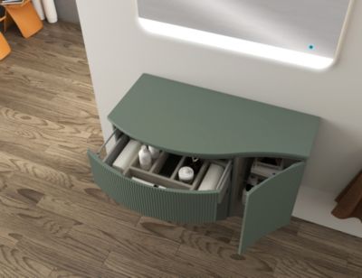 Ensemble sous vasque + plan de toilette pour vasque à poser à gauche l.104 cm, vert mat strié, Vague