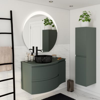 Ensemble sous vasque + plan de toilette pour vasque à poser à gauche l.104 cm, vert mat strié, Vague