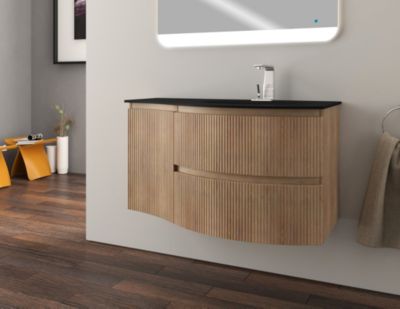Ensemble sous vasque + plan vasque à droite verre noir l.104 cm, effet bois strié, Vague