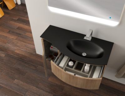 Ensemble sous vasque + plan vasque à droite verre noir l.104 cm, effet bois strié, Vague