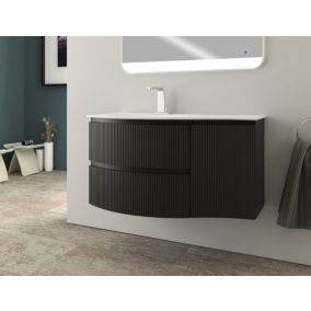 Ensemble sous vasque + plan vasque à gauche résine l.104 cm, noir mat strié, Vague